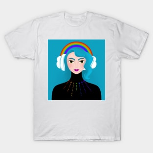 Rainbow girl with blue hair and headphones T-Shirt